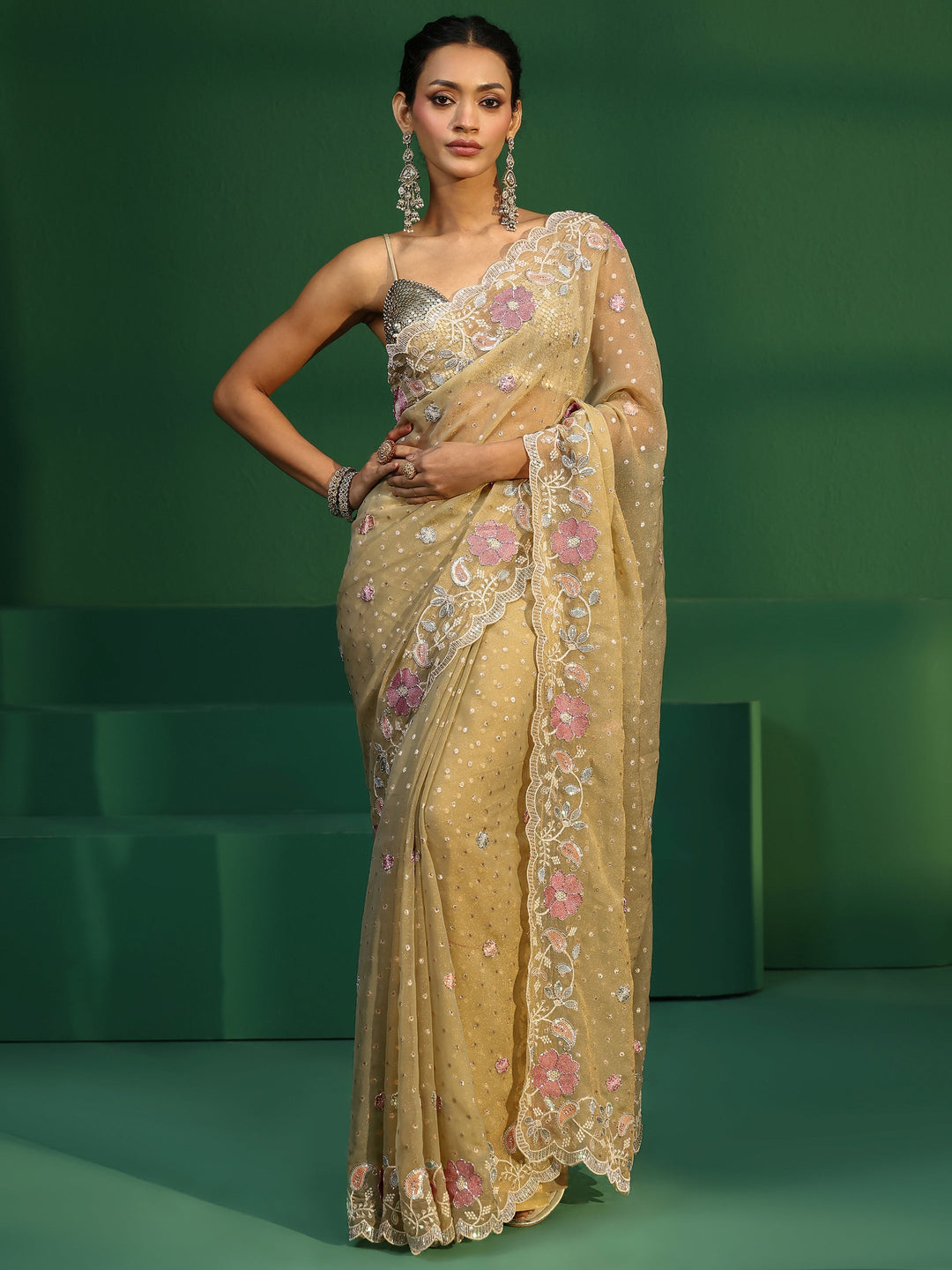 Libas Green Embellished Tissue Saree with Floral Embroidered Border