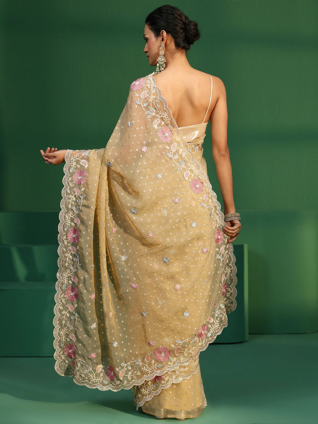 Libas Green Embellished Tissue Saree with Floral Embroidered Border