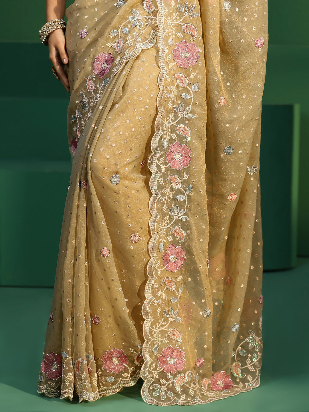 Libas Green Embellished Tissue Saree with Floral Embroidered Border