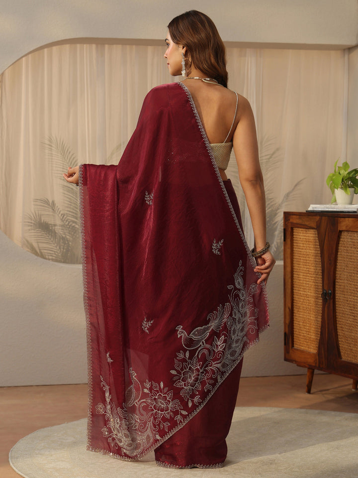 Libas Maroon Floral Embellished Tissue Saree