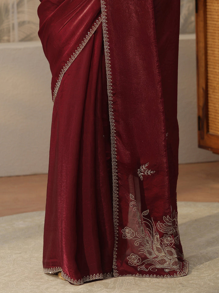 Libas Maroon Floral Embellished Tissue Saree