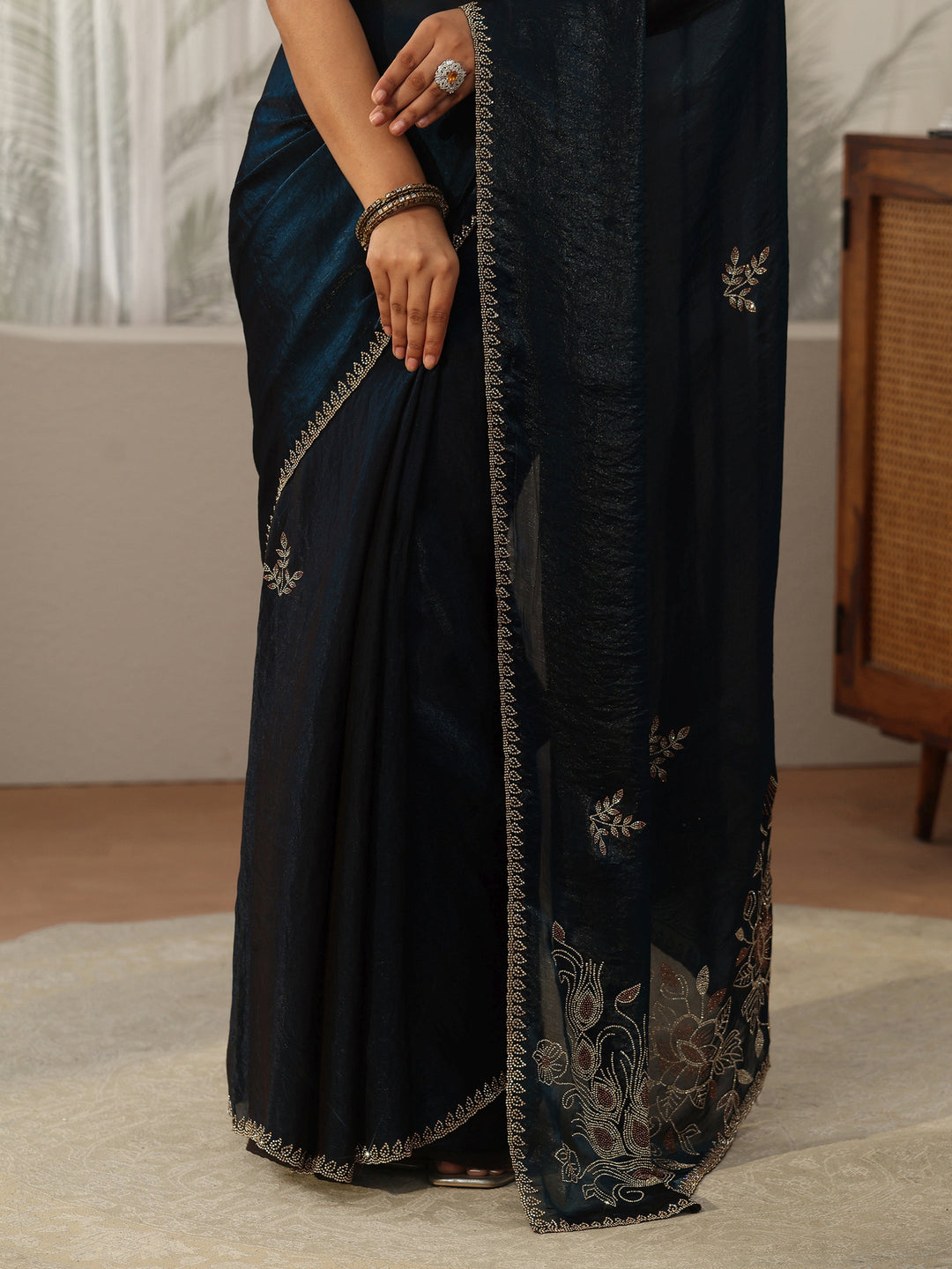Libas Teal Blue Floral Embellished Tissue Saree