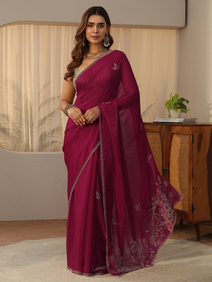 Libas Pink Floral Embellished Tissue Saree