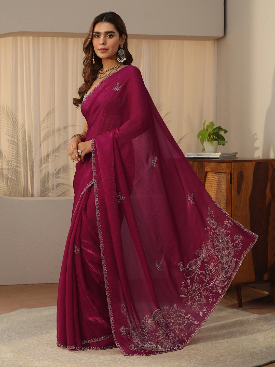Libas Pink Floral Embellished Tissue Saree