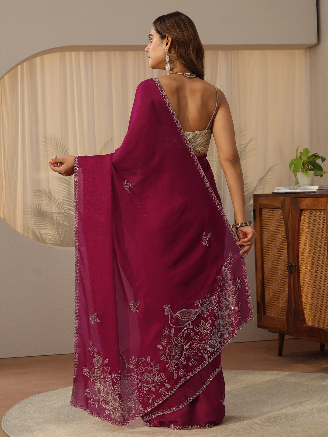 Libas Pink Floral Embellished Tissue Saree