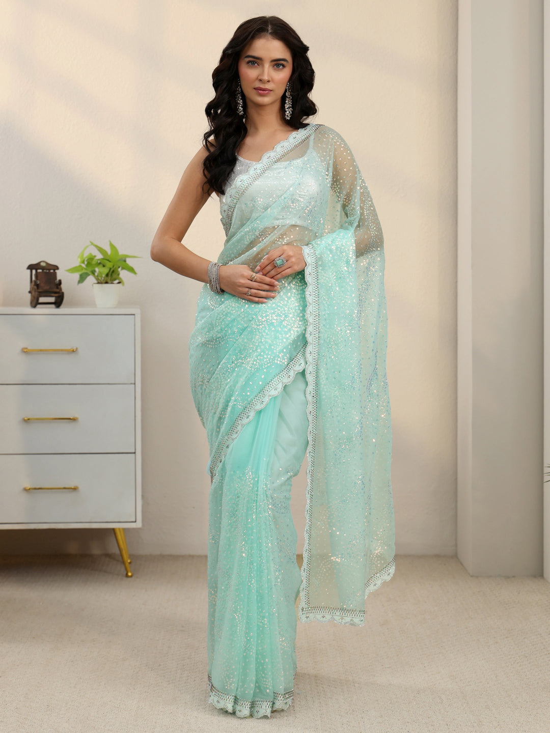 Libas Sky Blue Embellished Chiffon Saree with Scalloped Border