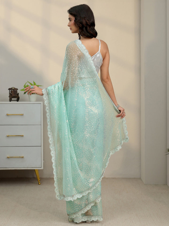 Libas Sky Blue Embellished Chiffon Saree with Scalloped Border