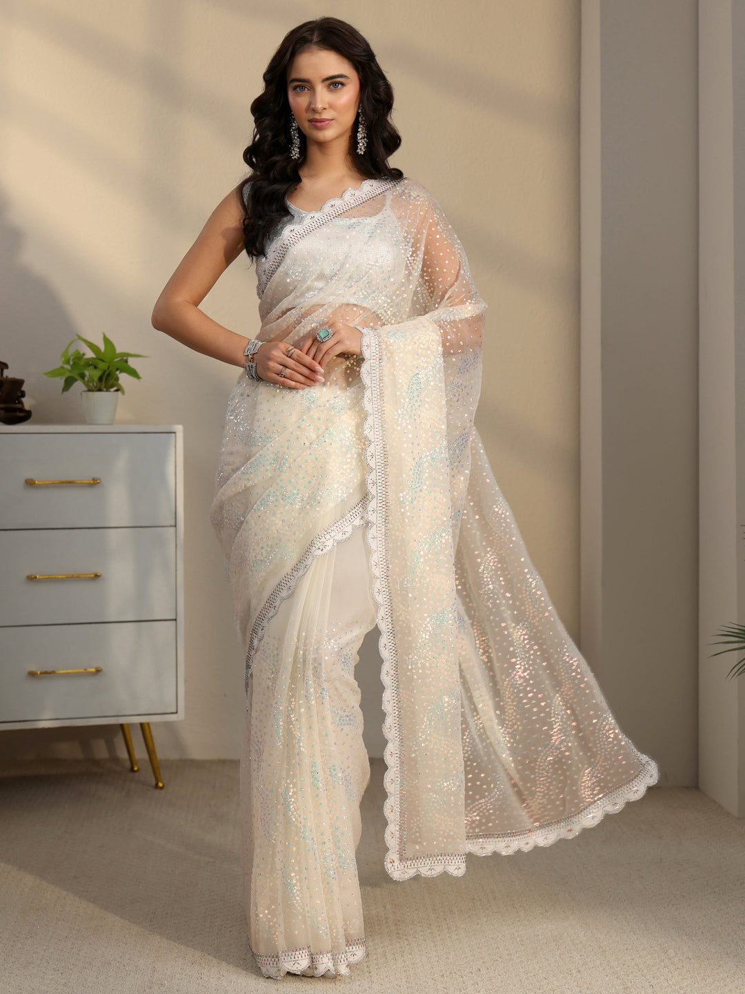 Libas Cream Embellished Chiffon Saree with Scalloped Border