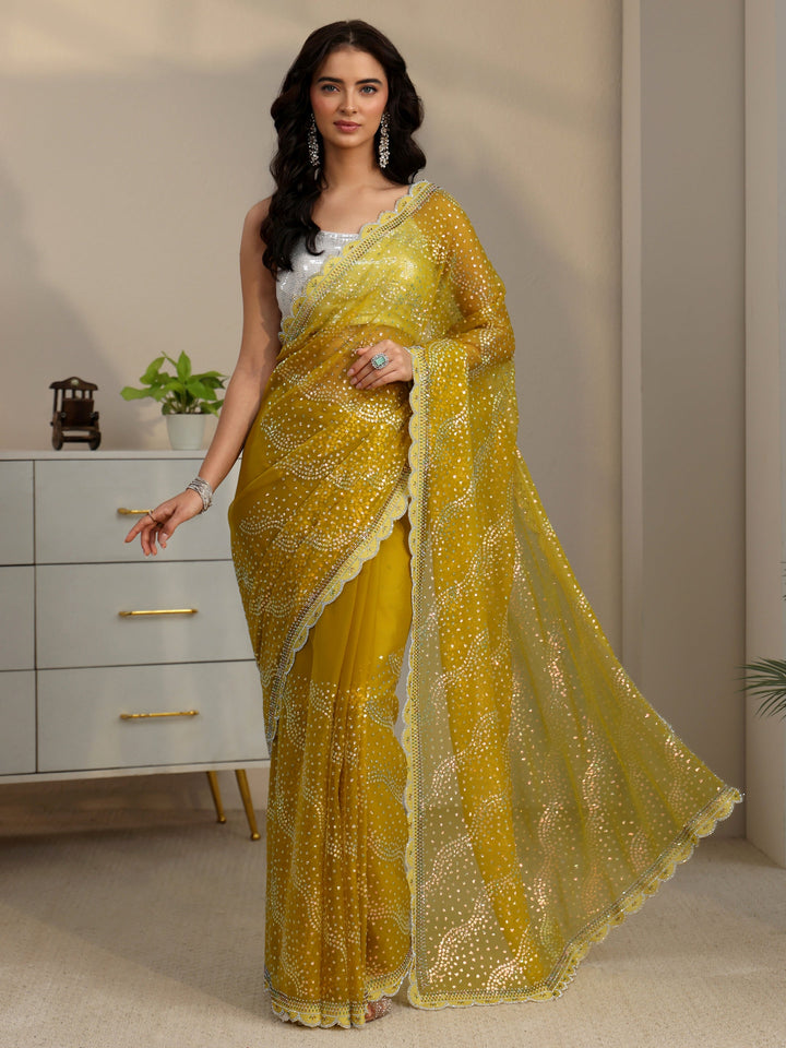 Libas Mustard Embellished Chiffon Saree with Scalloped Border