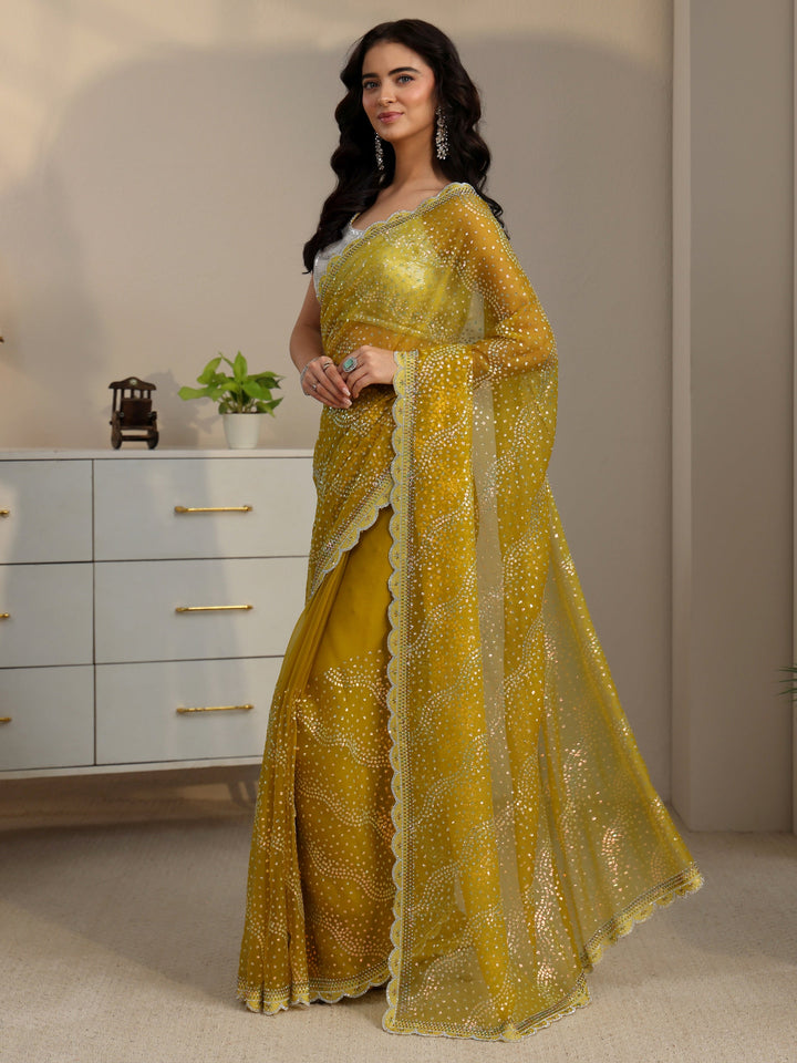 Libas Mustard Embellished Chiffon Saree with Scalloped Border