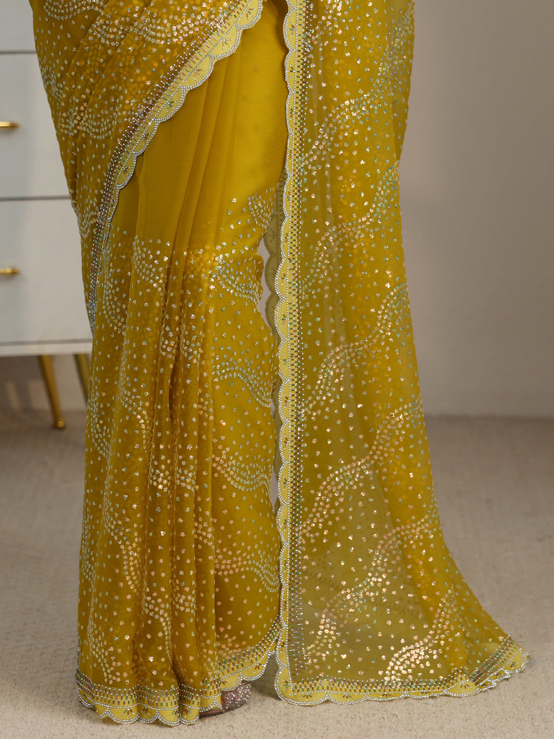 Libas Mustard Embellished Chiffon Saree with Scalloped Border