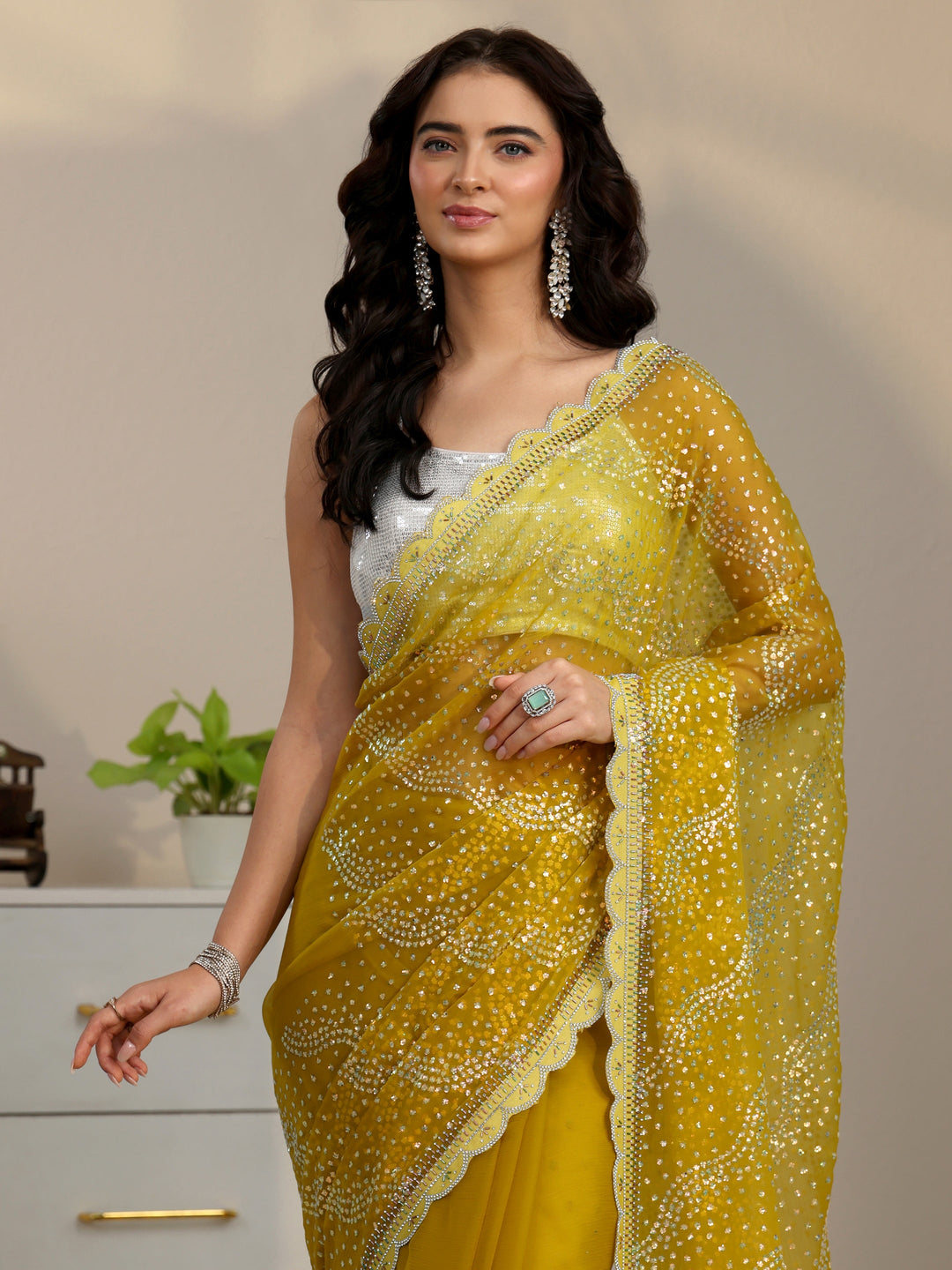 Libas Mustard Embellished Chiffon Saree with Scalloped Border