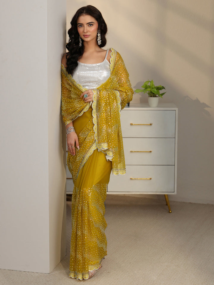 Libas Mustard Embellished Chiffon Saree with Scalloped Border