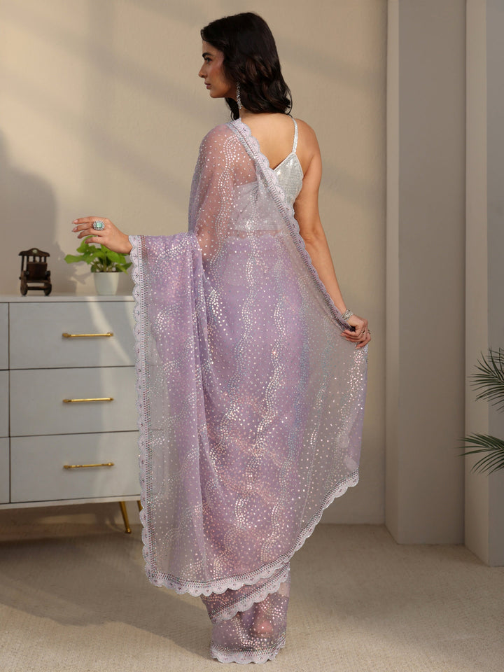 Libas Lavender Embellished Chiffon Saree with Scalloped Border