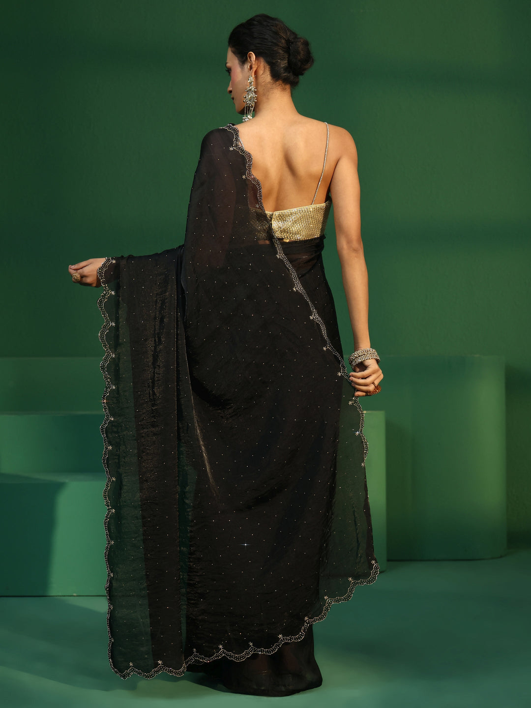 Libas Black Embellished Tissue Saree