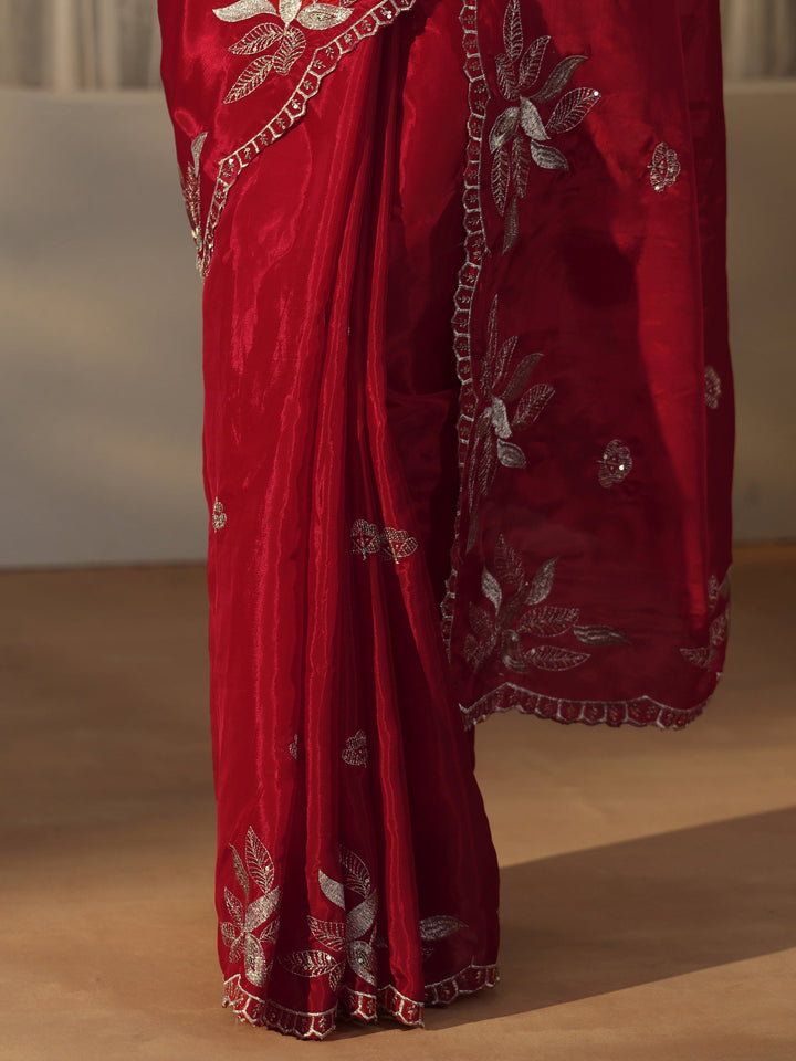 Libas Crimson Red Sequin Embellished Leafy Pattern Satin Saree