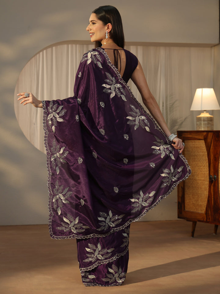 Libas Imperial Purple Sequin Embellished Leafy Pattern Satin Saree