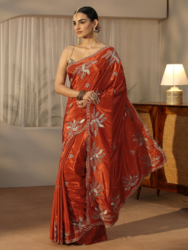 Libas Burnt Orange Sequin Embellished Leafy Pattern Satin Saree