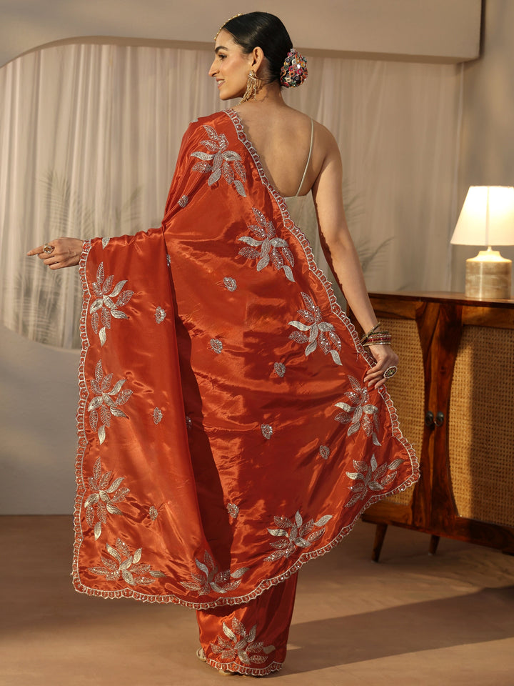 Libas Burnt Orange Sequin Embellished Leafy Pattern Satin Saree