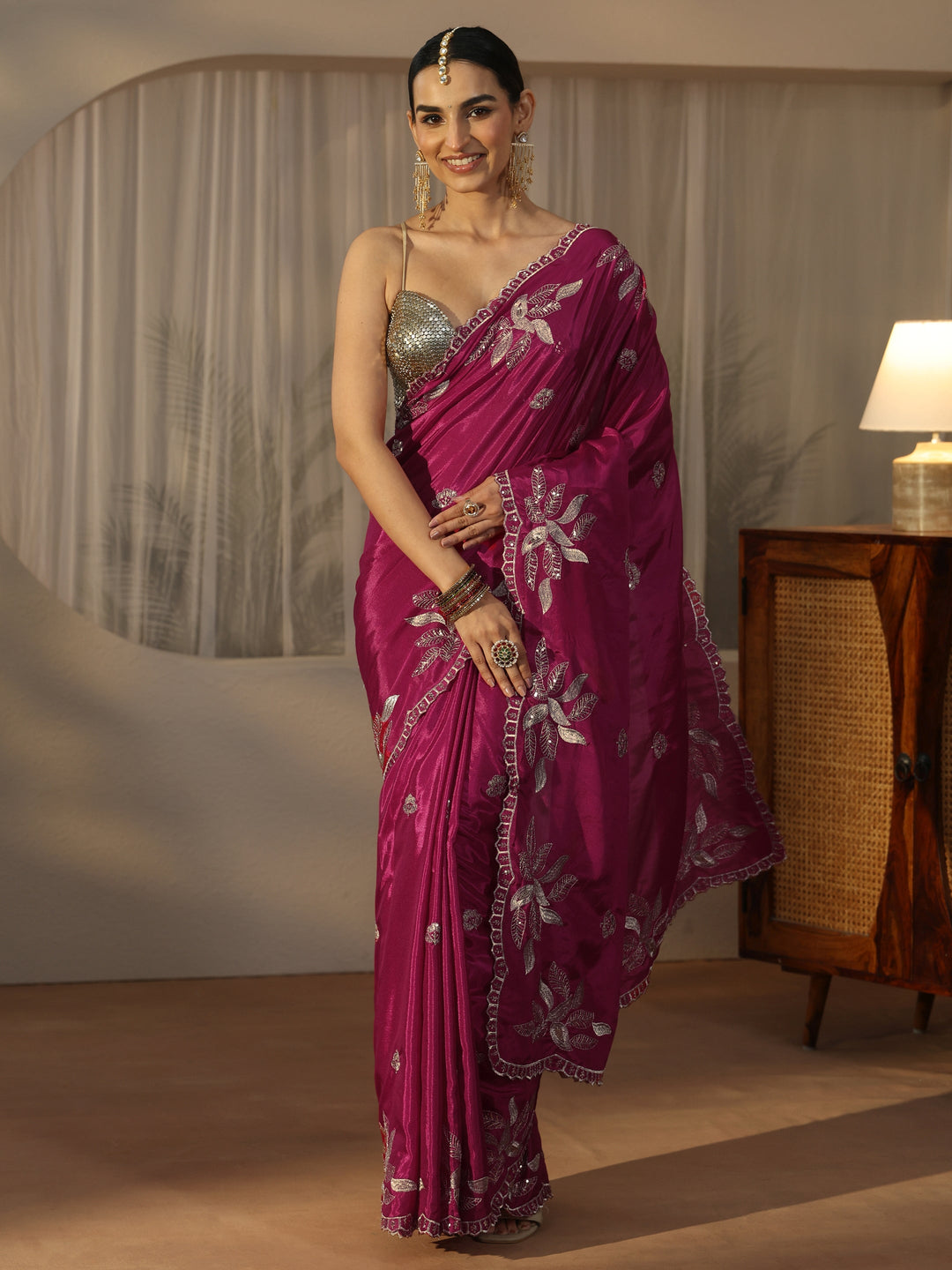 Libas Magenta Pink Sequin Embellished Leafy Pattern Satin Saree