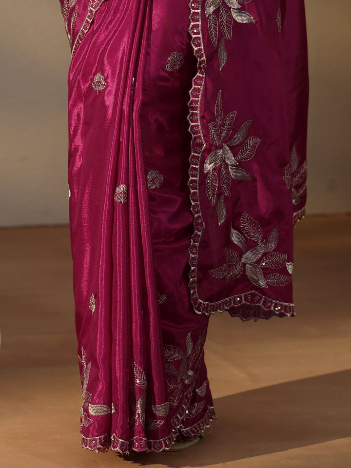Libas Magenta Pink Sequin Embellished Leafy Pattern Satin Saree