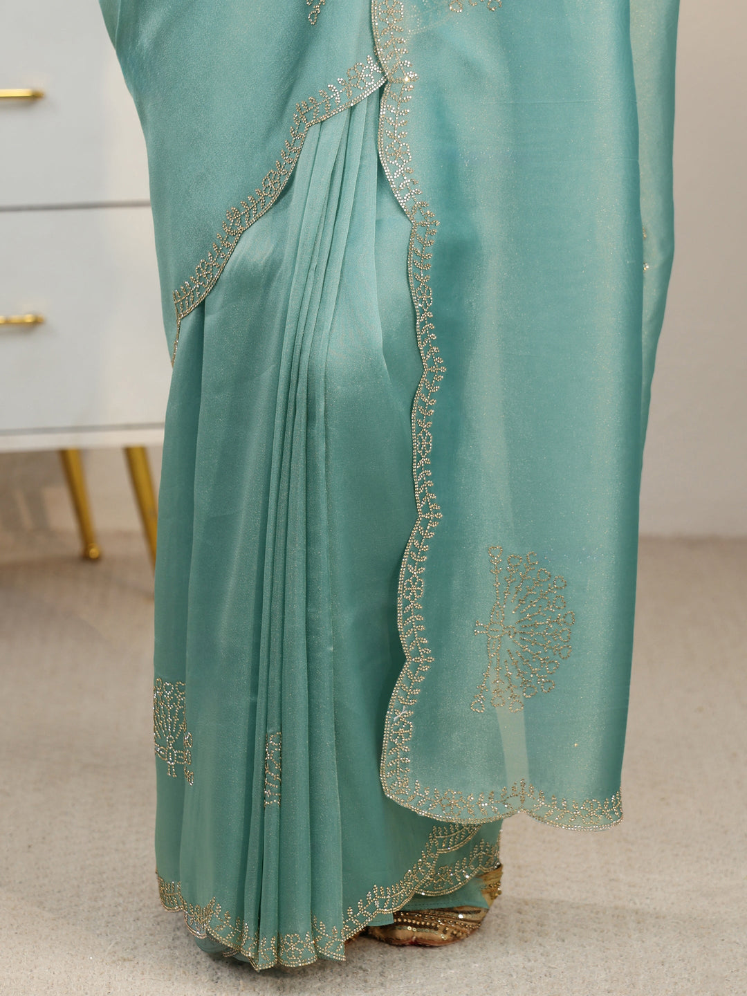 Libas Aqua Blue Embellished Organza Saree with Scalloped Border