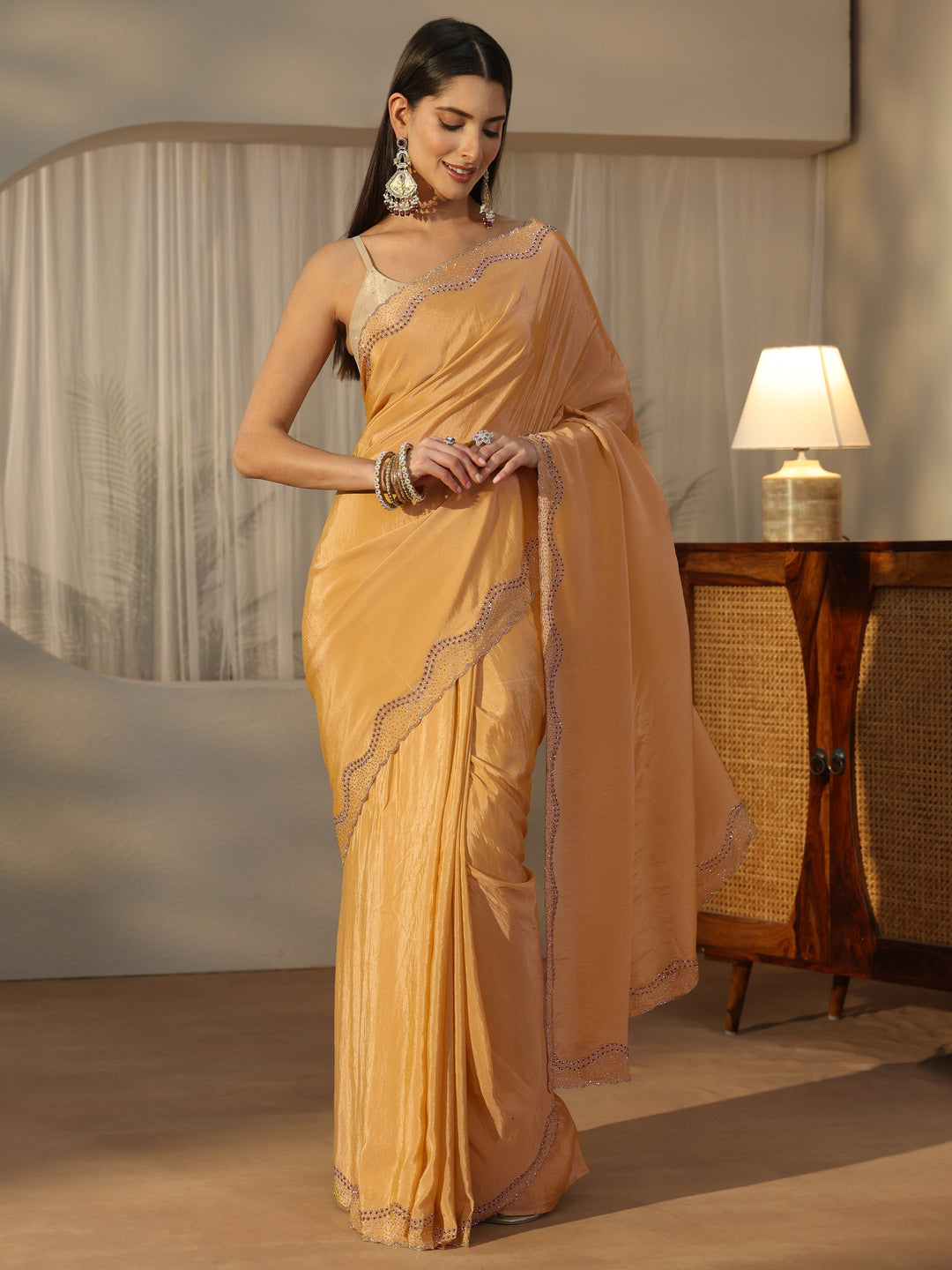 Libas Mustard Satin Saree with Embellished Border