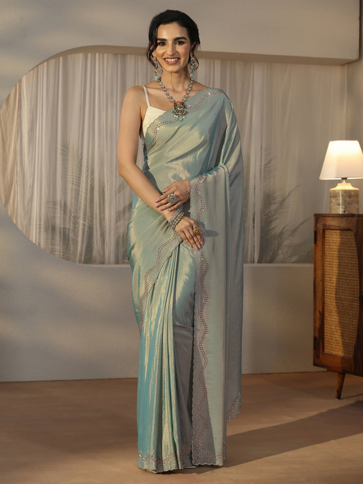 Libas Ice Blue Embellished Satin Saree with Scalloped Border
