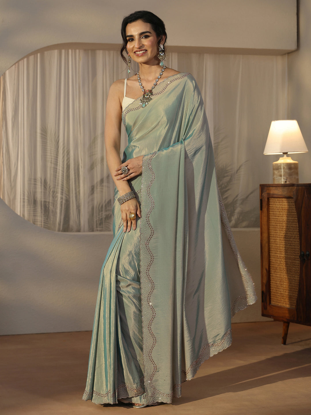 Libas Ice Blue Embellished Satin Saree with Scalloped Border