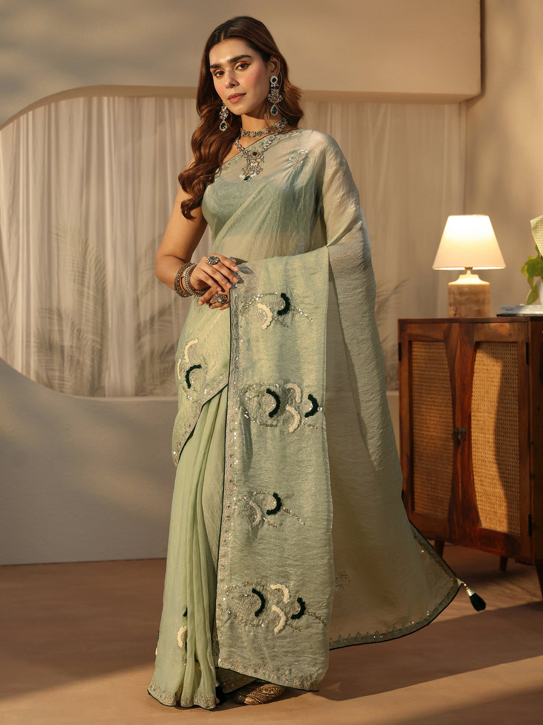 Libas Light Green Sequin Embellished Tissue Saree