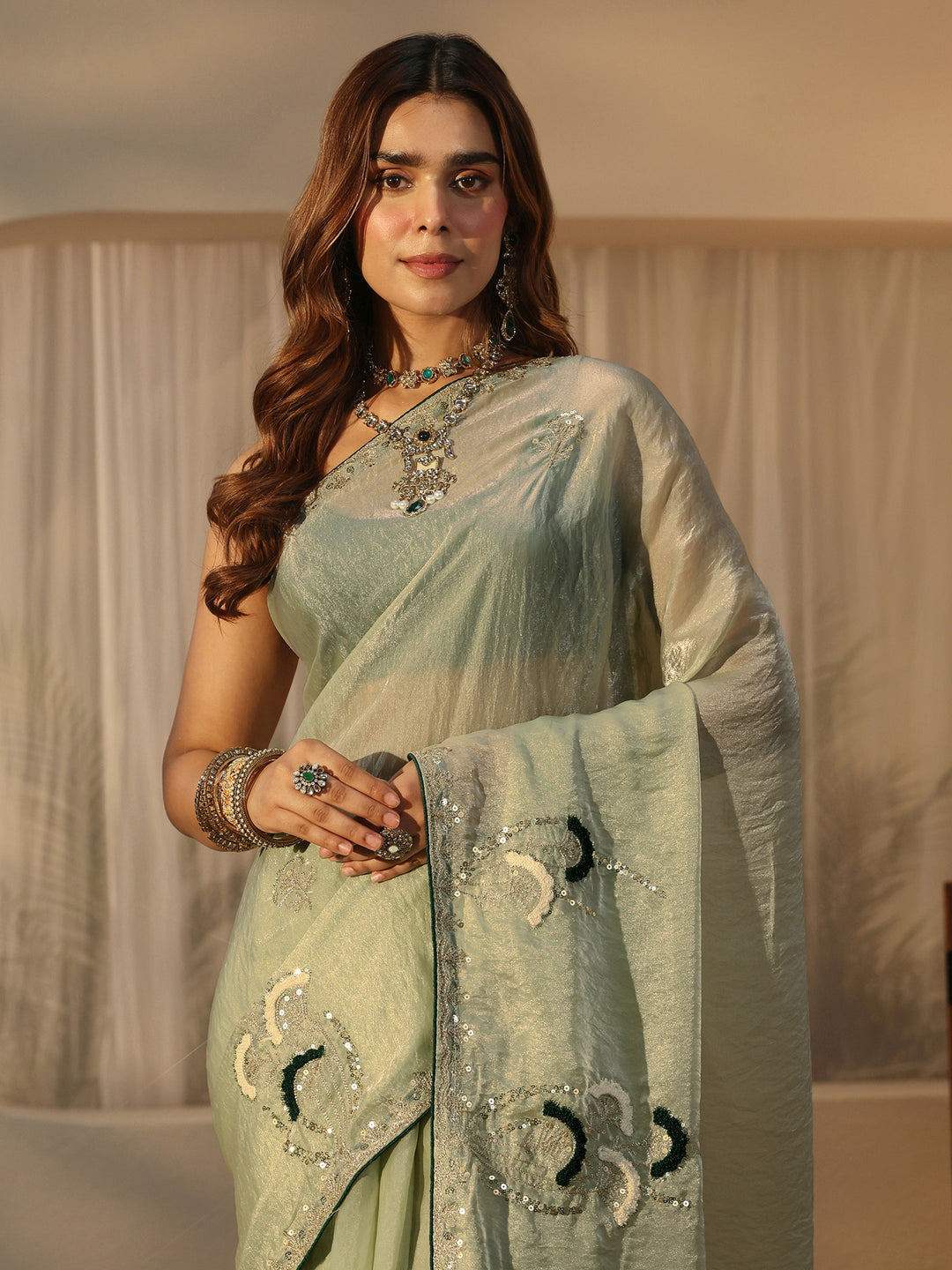 Libas Light Green Sequin Embellished Tissue Saree