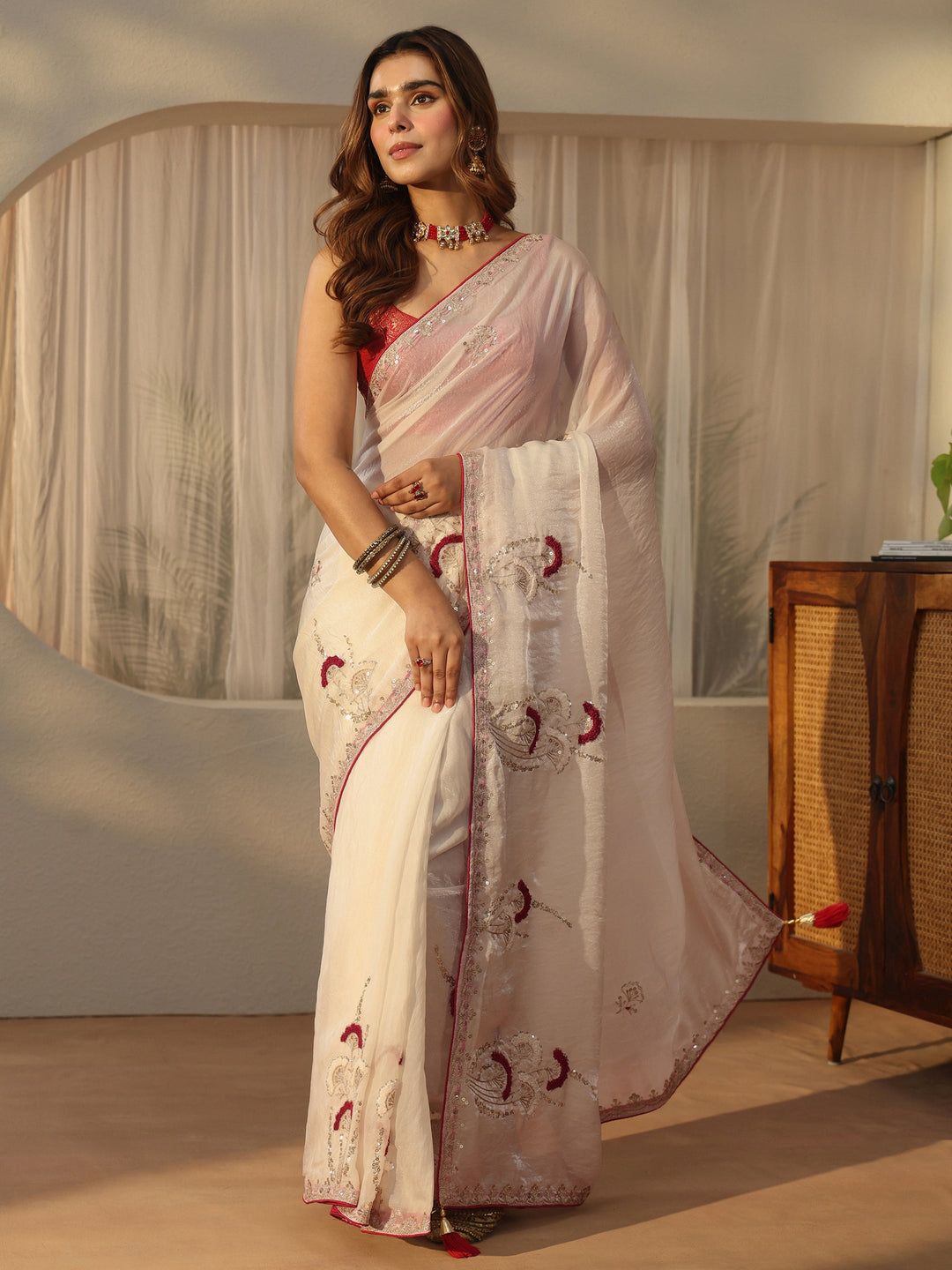 Libas Cream Sequin Embellished Tissue Saree