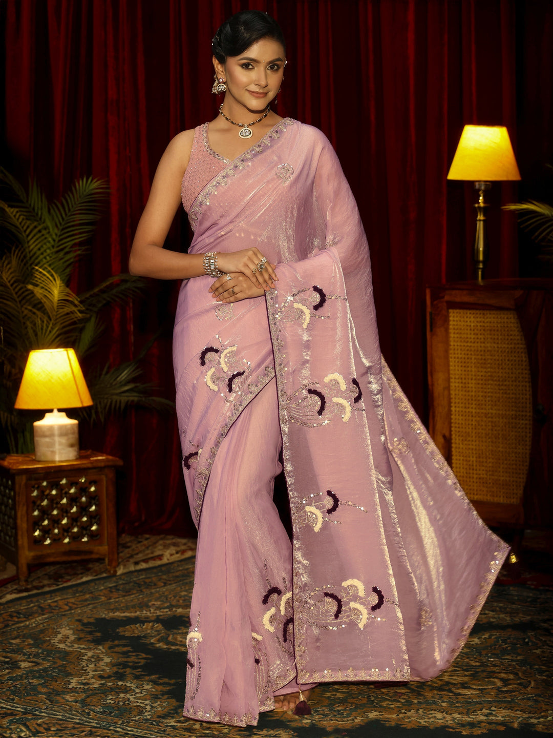 Libas Lavender Sequin Embellished Tissue Saree