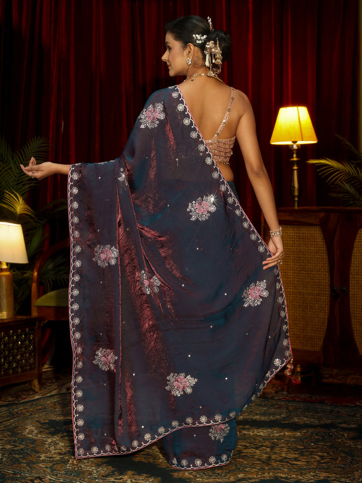 Libas Maroon Floral Embroidered Tissue Saree