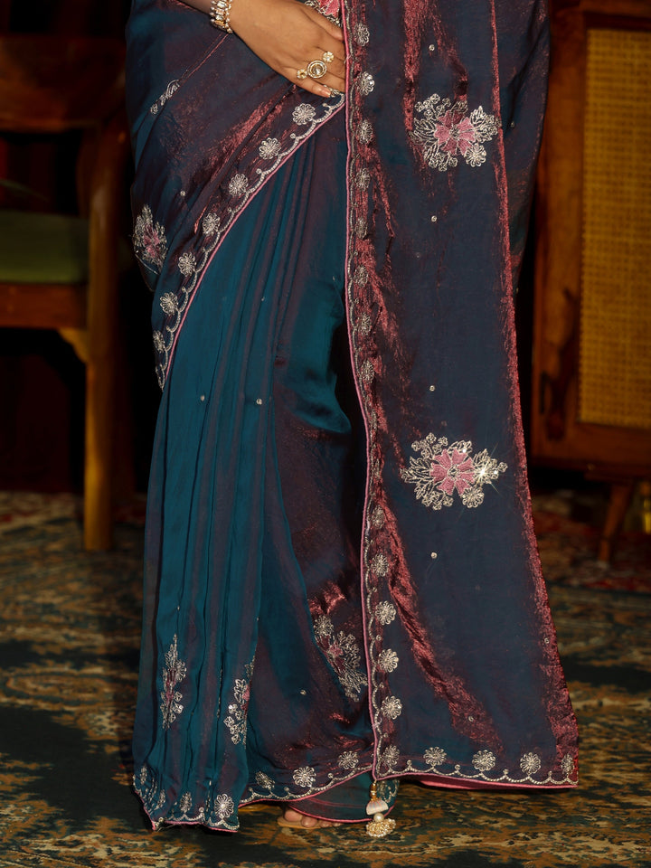 Libas Maroon Floral Embroidered Tissue Saree