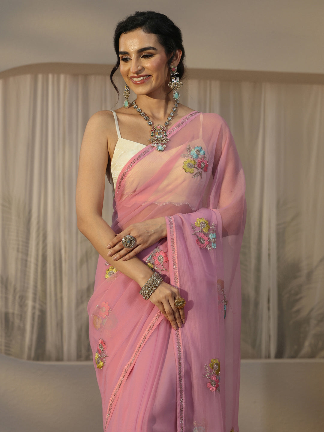 Libas Pink Floral Embroidered Chiffon Saree