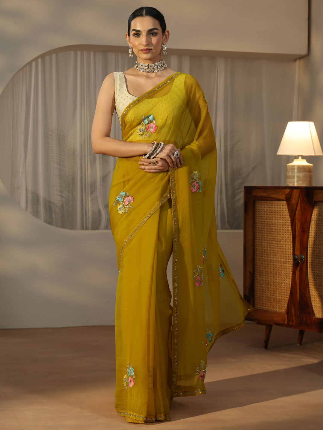 Libas Mustard Floral Embroidered Chiffon Saree