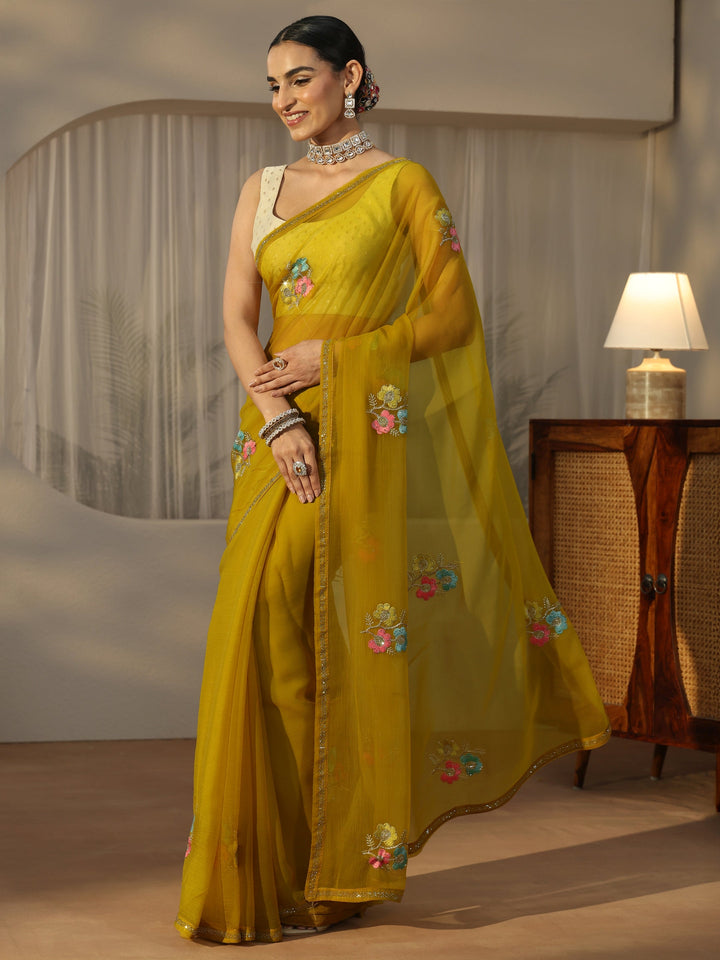 Libas Mustard Floral Embroidered Chiffon Saree