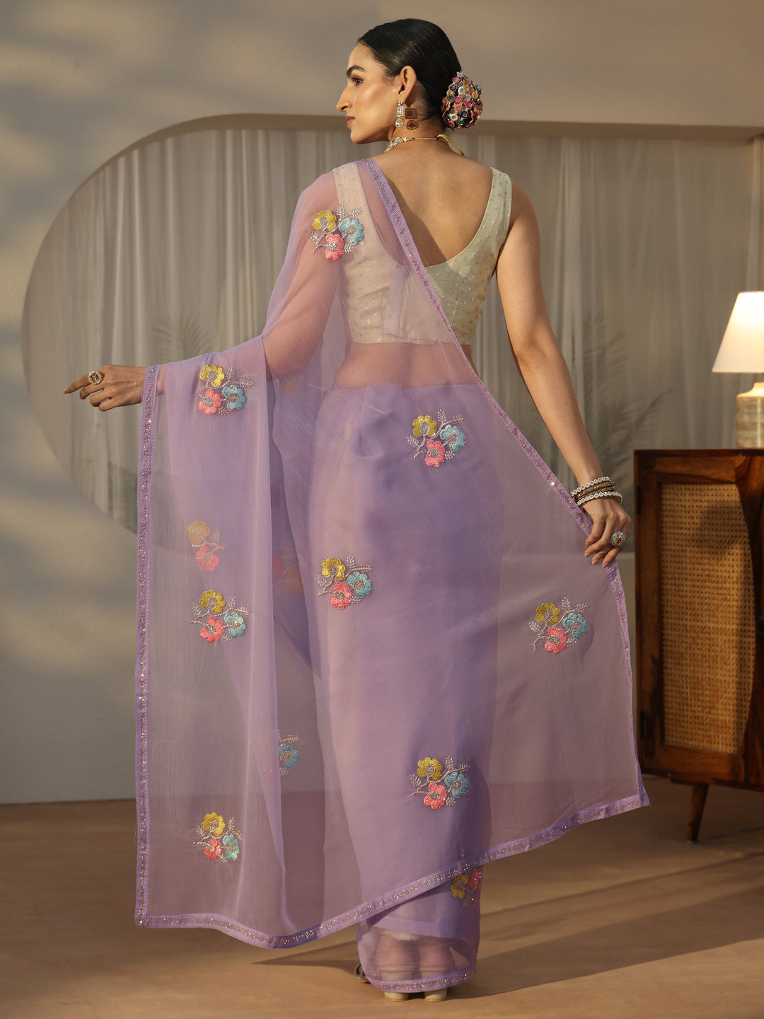 Libas Lavender Floral Embroidered Chiffon Saree