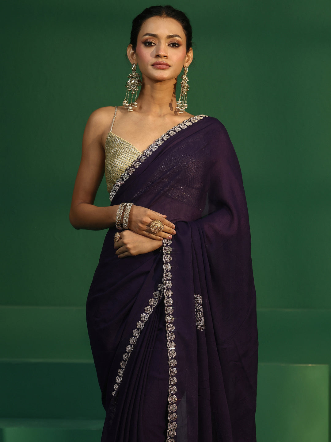 Libas Midnight Purple Embellished Silk Blend Saree