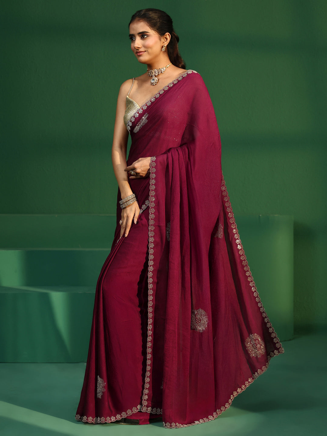 Libas Cardinal Red Embellished Silk Blend Saree