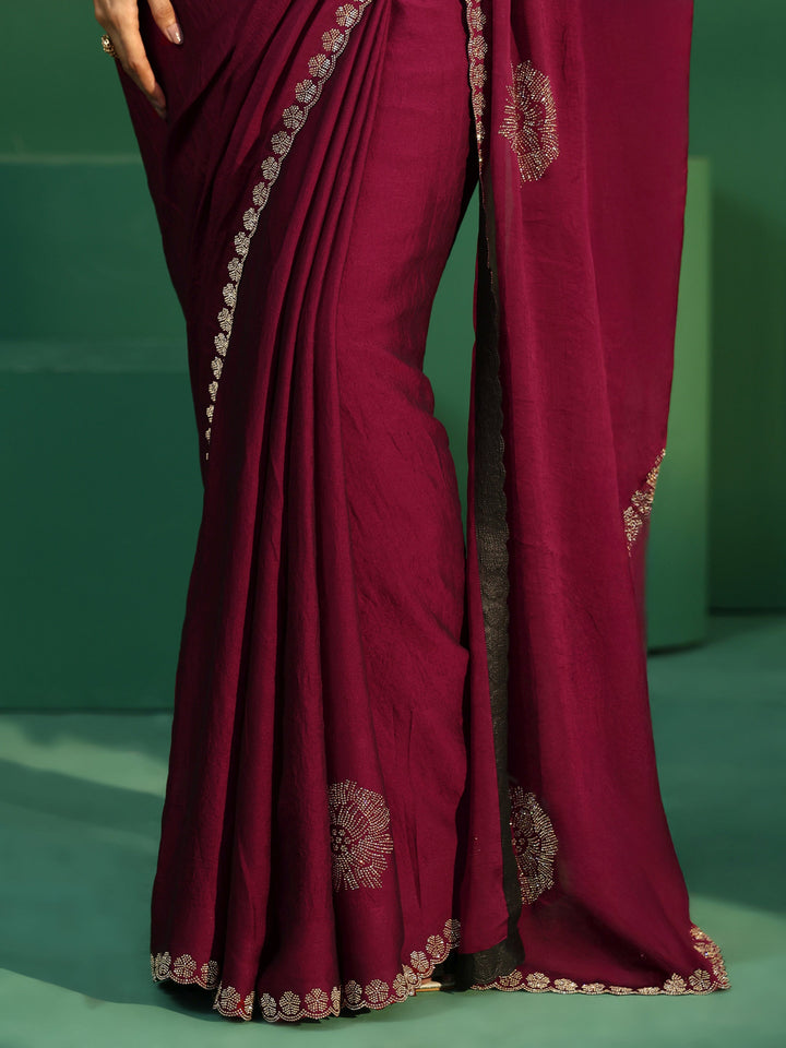 Libas Cardinal Red Embellished Silk Blend Saree