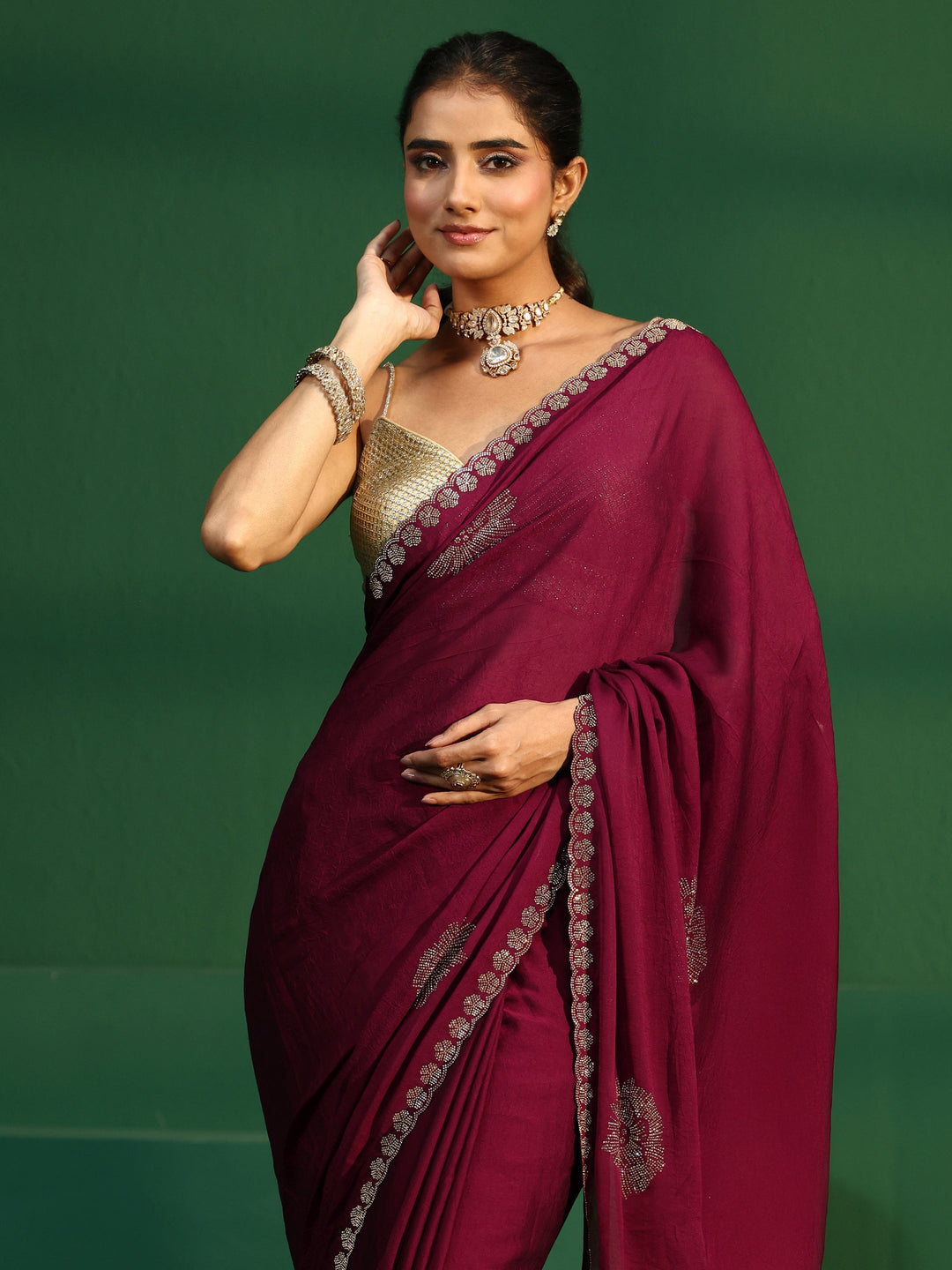 Libas Cardinal Red Embellished Silk Blend Saree