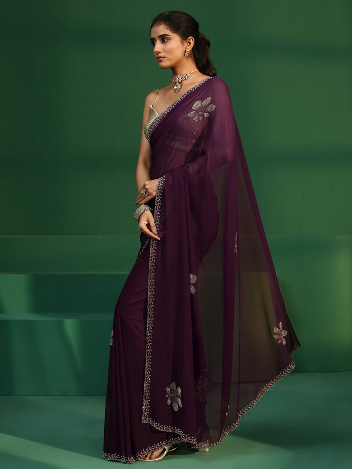 Libas Burgundy Embellished Georgette Saree
