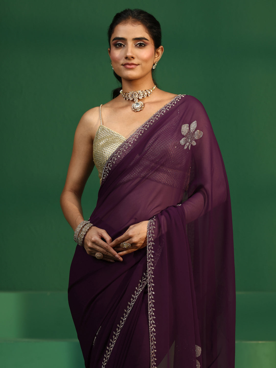 Libas Burgundy Embellished Georgette Saree