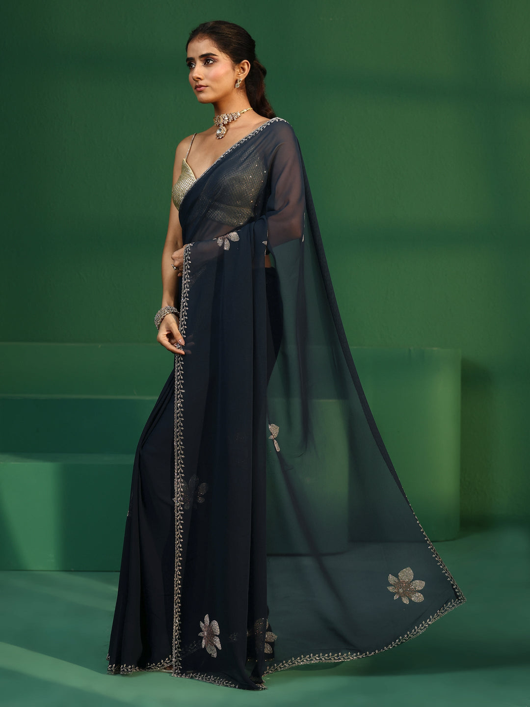 Libas Navy Blue Embellished Georgette Saree