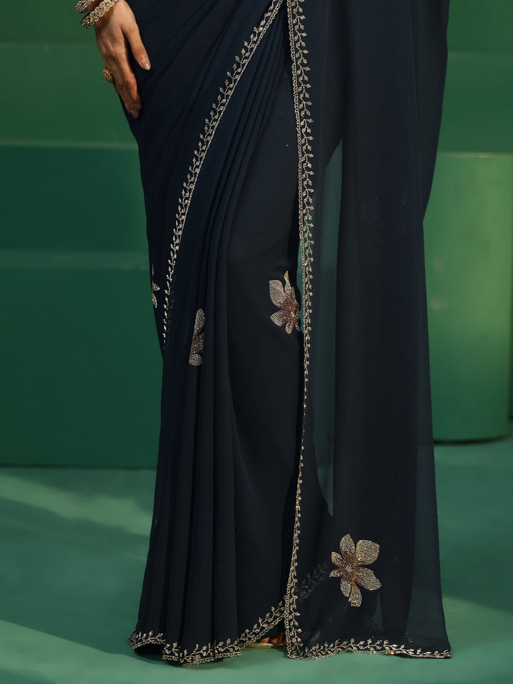 Libas Navy Blue Embellished Georgette Saree