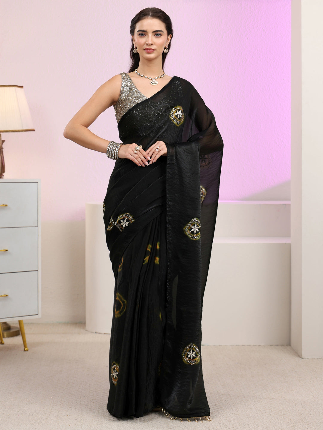 Libas Black Floral Embroidered Tissue Saree