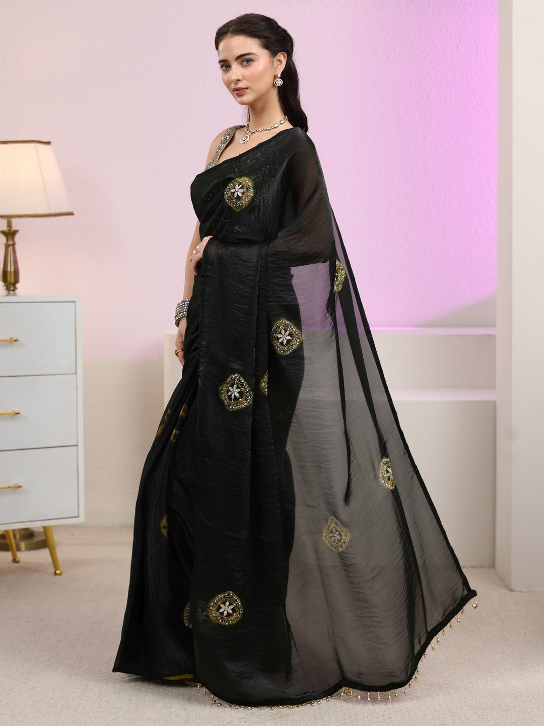 Libas Black Floral Embroidered Tissue Saree
