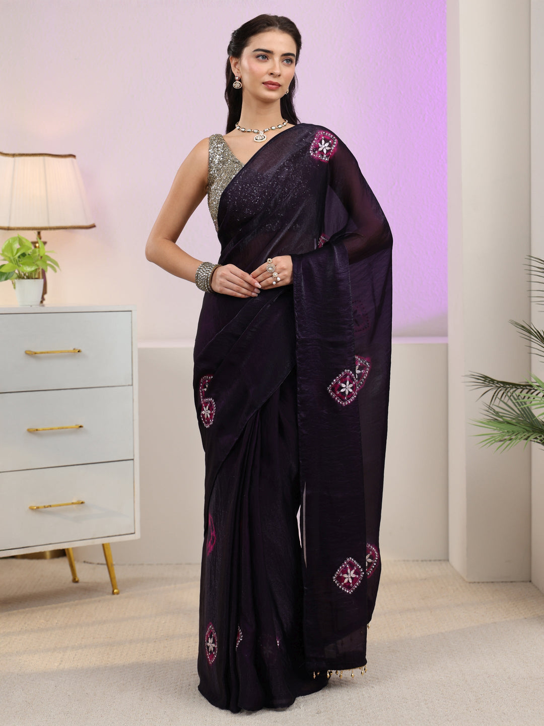 Libas Aubergiene Purple Floral Embroidered Tissue Saree